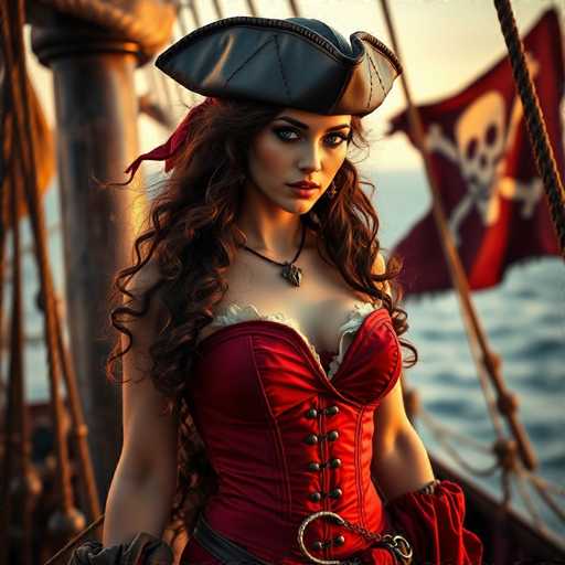 A captivating image of a woman dressed as a pirate, standing on the deck of a ship. She is adorned in a striking red corset with intricate white lace detailing at the top, complemented by a black belt with a silver buckle. Her long, curly brown hair cascades down her shoulders, and she wears a black leather pirate hat with a red ribbon tied around the back. Around her neck is a black necklace featuring a silver pendant. The woman's blue eyes and pink lips add to her allure. She gazes directly at the camera, exuding confidence. Behind her, the ship's mast and a red pirate flag with a white skull and crossbones are visible. The background reveals the vast ocean, with the sky transitioning from a light blue to a yellowish hue, suggesting the time is either sunrise or sunset. The overall scene is both dramatic and enchanting, capturing the essence of a pirate's life at sea.