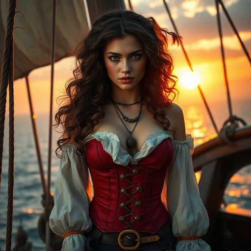 A captivating photograph captures a young woman standing on the deck of a ship, set against the backdrop of a stunning sunset. The sky is a mesmerizing blend of orange and yellow hues, with the sun just beginning to set over the calm, blue waters. The woman, with her long, dark brown hair cascading down to her chest, gazes directly into the camera with a serious expression. She is adorned in a striking red corset, laced up the front, and features a white frilly top. Her attire is completed with a black belt that has a prominent gold buckle. Around her neck, she wears three necklaces: one with a black stone, another with a black stone and a black cord, and a third with a black cord. The ship's wooden structure is visible behind her, with ropes and a sail adding to the maritime atmosphere. The overall scene evokes a sense of adventure and timeless beauty.