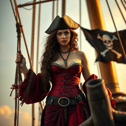 A woman dressed as a pirate stands on a ship's deck holding a sword and wearing a red dress with gold accents. The ship is equipped with sails and ropes, suggesting it is ready for sailing.