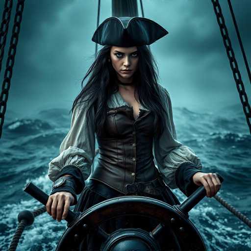 The image depicts a striking female pirate with long, flowing black hair cascading down to her chest. She is adorned in a traditional pirate ensemble, featuring a black leather corset over a white, puffy-sleeved shirt. Her attire is completed with a black pirate hat, which has a distinctive V-shaped design at the top. The pirate is positioned at the helm of a ship, gripping a large, black wooden steering wheel with both hands. She stands on a ship deck, surrounded by the vast expanse of the ocean. The sky above is overcast with dark, gray clouds, adding to the dramatic atmosphere of the scene. The overall color palette of the image is dominated by shades of black, gray, and white, enhancing the moody and intense ambiance.