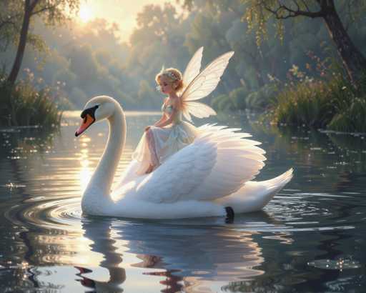 In this enchanting, computer-generated image, a young fairy with delicate, translucent wings and pointed ears is gracefully perched atop a majestic swan. The fairy, adorned in a flowing white dress, has long blonde hair and wears a crown or tiara, adding to her ethereal appearance. The swan, with its pristine white feathers and a striking orange beak, glides serenely across a tranquil pond. The water beneath them ripples gently, reflecting the fairy and the swan in its mirror-like surface. Surrounding the pond are lush green plants and trees, with sunlight filtering through the foliage, casting a warm glow over the scene. The fairy gazes thoughtfully to the left, while the swan looks to the right, creating a harmonious balance in this magical moment.