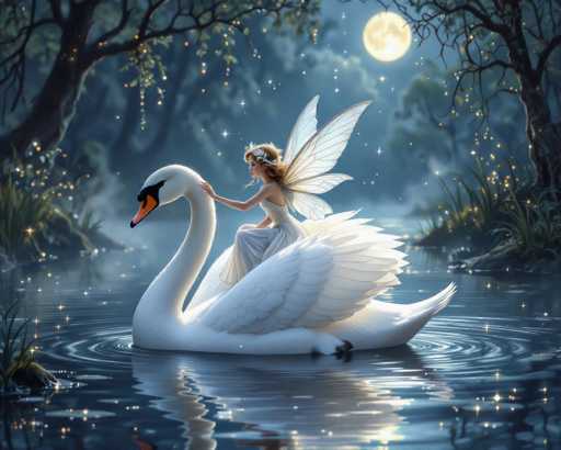 In this enchanting nighttime scene, a fairy with delicate white wings and a flowing white dress rides gracefully atop a majestic swan. The fairy, adorned with a crown of flowers in her long blonde hair, gently strokes the swan's head with her right hand. The swan, with its striking orange beak and black markings around its eyes, glides serenely through a pond that shimmers with magical sparkles. The water beneath them reflects the fairy and the swan, creating a mesmerizing mirror image. Surrounding the pond, lush green grass and trees frame the scene, while a full moon casts a soft glow from the top right corner, illuminating the fairy's dress and adding a touch of ethereal beauty to the tranquil setting.