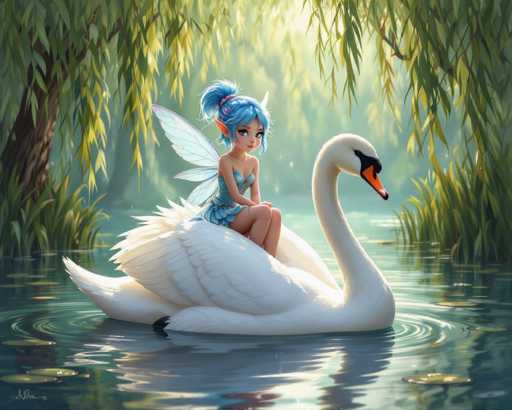 In this enchanting digital artwork, a whimsical fairy with striking blue hair adorned with a pink scrunchie and delicate pink flowers sits gracefully on the back of a majestic white swan. The fairy, with her pointed ears and ethereal white wings, wears a charming blue dress that complements her magical appearance. The swan, with its long neck and orange beak tipped in black, glides serenely through a tranquil pond. The water is dotted with lily pads, adding to the serene atmosphere. Surrounding the scene, lush green grass and trees frame the pond, while sunlight filters through the foliage, casting a warm glow over the fairy and her feathered companion. The overall composition exudes a sense of peace and enchantment, capturing a moment of pure fantasy.