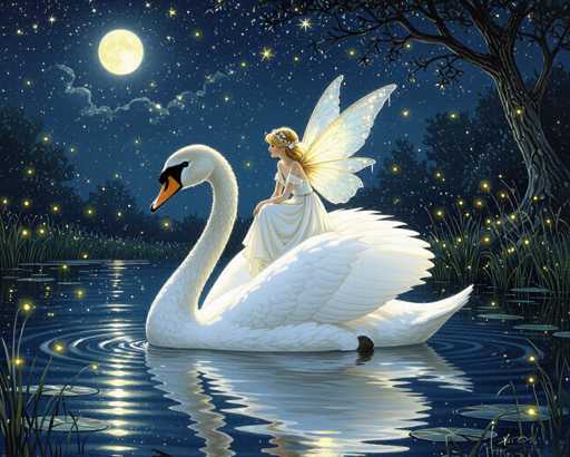 In this enchanting nighttime scene, a fairy with delicate white wings and a flowing white dress sits gracefully atop a majestic swan. The fairy, adorned with a crown of white flowers, gazes thoughtfully to the left. The swan, with its elegant long neck and orange beak, glides serenely across a tranquil pond. The water below reflects the fairy and the swan, adding a touch of magic to the scene. Surrounding the pond are lush green plants and trees, while a large tree stands prominently on the right side. The night sky is a deep blue, dotted with twinkling stars and a radiant full moon, casting a soft glow over the entire landscape. The scene is a harmonious blend of nature and fantasy, capturing a moment of serene beauty.