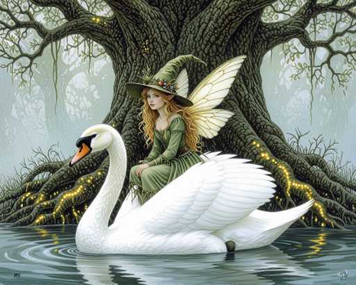 The image depicts a detailed, computer-generated scene featuring a fairy-like woman riding a swan. The fairy has long, curly blonde hair and is adorned in a green dress with a matching witch's hat, which is decorated with flowers and has a pointed tip. She also has pointed ears, adding to her fairy-like appearance. The fairy is seated on the back of a large white swan, which has an orange beak with a black tip and black feet. The swan is gracefully gliding through a body of water, creating ripples around it. In the background, there is a massive tree with sprawling branches and roots that extend into the water, adorned with yellow lights. The scene is set in a misty forest, with additional trees visible in the background, enhancing the enchanting atmosphere.
