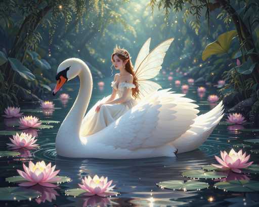 The image depicts a detailed, computer-generated scene of a fairy riding on a large white swan in a serene pond. The fairy, who has long, flowing brown hair adorned with a tiara, is dressed in a white gown with frilly sleeves. She has delicate, translucent white wings and pointed ears, adding to her ethereal appearance. The swan, with its orange beak and black markings around the eyes, gracefully glides through the water, creating gentle ripples. The pond is filled with numerous pink water lilies and green lily pads, enhancing the magical atmosphere. Surrounding the pond are lush trees and bushes, with sunlight filtering through the foliage, casting a warm glow on the fairy and swan. The fairy gazes directly at the viewer, her expression serene and captivating, while the swan looks off to the left, adding a sense of movement to the tranquil scene.