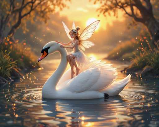 In this enchanting, computer-generated image, a young fairy with delicate white wings and a flowing white dress is perched gracefully on the neck of a large, white swan. The fairy, with her blonde hair styled in a bun adorned with a flower, gazes serenely ahead. The swan, featuring a black beak with an orange tip and black eyes, glides through a tranquil pond, creating gentle ripples in its wake. The scene is bathed in the warm, golden light of a setting sun, which casts a shimmering glow on the water's surface. Surrounding the pond are lush green plants and trees, their leaves tinged with the hues of the sunset. The fairy's dress flutters slightly in the breeze, adding to the magical atmosphere of this picturesque moment.