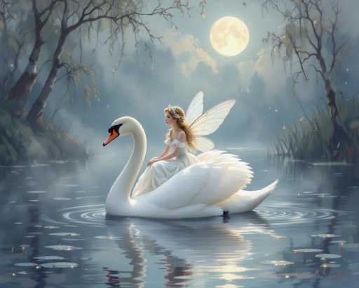 In this enchanting nighttime scene, a fairy with delicate white wings and long, flowing brown hair adorned with a silver tiara rides gracefully atop a majestic swan. The fairy is dressed in a flowing white gown, perfectly complementing the swan's pristine white feathers. The swan, with its striking orange beak tipped in black, glides serenely through a pond dotted with lily pads. The moon, a luminous yellow orb, casts a soft glow over the tranquil setting, illuminating the fairy's face and the surrounding landscape. The sky is a deep blue, dotted with wispy clouds, while the silhouettes of trees frame the scene on both sides. The water beneath them ripples gently, creating a mesmerizing reflection of the fairy and the swan. The overall atmosphere is one of peaceful magic, capturing a moment of ethereal beauty.