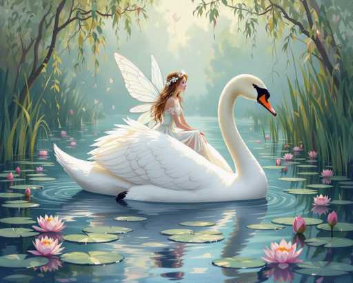 In this enchanting, fantasy-style painting, a fairy with delicate white wings and a flowing white dress adorned with a floral headband rides gracefully atop a majestic white swan. The fairy, with her long, wavy brown hair cascading down her back, gazes serenely to the right. The swan, featuring a striking black face and an orange beak, glides through a tranquil pond dotted with numerous green lily pads and vibrant pink water lilies. The scene is framed by lush trees on either side, their branches arching overhead to form a natural canopy. The background is a soft, misty blend of green and blue hues, adding to the dreamlike atmosphere. Sunlight filters through the trees, casting a gentle glow on the fairy and the swan, enhancing the magical quality of this captivating moment.