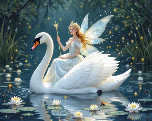 In this enchanting, fantasy-like scene, a fairy with long, flowing blonde hair and a delicate crown adorned with stars sits gracefully on a majestic white swan. The fairy, dressed in an elegant white gown, holds a golden wand topped with a radiant star, casting shimmering sparkles that dance in the air around her. Her ethereal presence is further accentuated by the four shimmering wings sprouting from her back. The swan, with its striking orange and black beak, glides serenely on a tranquil pond, surrounded by lush green lily pads and delicate white flowers with yellow centers. The water beneath them ripples gently, reflecting the fairy's magical glow. In the background, towering trees frame the scene, adding to the mystical atmosphere. The fairy gazes thoughtfully to the left, embodying a sense of wonder and enchantment in this beautifully detailed, AI-generated artwork.