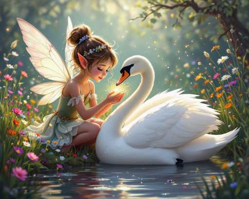 In this enchanting digital artwork, a young fairy with delicate white wings and pointed ears is depicted sitting gracefully on the edge of a serene pond. She is adorned in a light green dress with a white skirt, and her hair is styled in a bun, decorated with a crown of flowers. The fairy's eyes are closed as she gently holds a glowing yellow object, from which magical sparks emanate. Beside her, a majestic swan with pristine white feathers and a striking black and orange beak swims in the water, its head turned towards the fairy. The scene is set amidst a vibrant array of flowers in various colors—pink, orange, white, and purple—growing abundantly around the pond. The background is softly blurred, featuring lush trees that frame this whimsical moment, enhancing the overall dreamlike quality of the image.