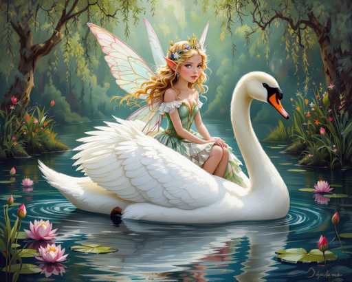 This enchanting illustration features a fairy with delicate, translucent wings in shades of pink and white. She has long, curly blonde hair adorned with a crown of flowers, and her pointed ears add to her ethereal appearance. The fairy is dressed in a green dress with frilly sleeves, and she is seated gracefully on the back of a majestic white swan. The swan has a striking orange beak and black eyes, and it is gliding serenely across a tranquil pond. The water is dotted with green lily pads and pink flowers, creating a picturesque scene. In the background, lush trees frame the pond, completing this magical and serene setting.