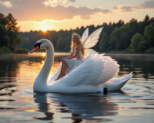 In this enchanting image, a woman with long blonde hair and a silver tiara adorned with flowers is gracefully seated on the back of a large, white swan. She is wearing a flowing white dress that complements the swan's elegant appearance. The swan, with its striking orange and black beak, is gliding serenely across a body of water, creating gentle ripples in its wake. The scene is set against a breathtaking backdrop of a sunset, with the sky painted in hues of orange and pink. The sun, partially obscured by clouds, casts a warm, golden glow over the entire landscape. In the distance, a dense forest of tall trees frames the horizon, adding depth and a touch of mystery to the picturesque setting. The overall atmosphere is one of tranquility and magic, capturing a moment of ethereal beauty.