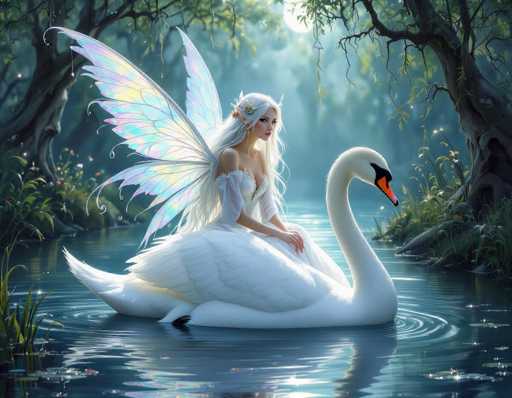 In this enchanting fantasy scene, a fairy with long, flowing white hair adorned with flowers and delicate wings perches gracefully on a majestic swan. The fairy, dressed in an elegant white gown, gazes thoughtfully to the right, her presence exuding a sense of serenity and wonder. The swan, equally regal, glides effortlessly through a tranquil pond, its white feathers contrasting beautifully with the dark, reflective water. Surrounding the pond are lush trees, their branches reaching out over the water, creating a natural canopy. The scene is bathed in the soft, ethereal light of a full moon, casting a gentle glow over the entire landscape. The overall atmosphere is one of peace and magic, capturing a moment of pure fantasy.