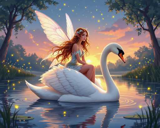 In this enchanting, computer-generated image, a fairy with long, flowing red hair adorned with a delicate white flower sits gracefully on the back of a majestic swan. The fairy, dressed in a light blue dress, has four ethereal wings sprouting from her back, adding to her mystical appearance. The swan, with its pristine white feathers, black face, and vibrant orange beak, glides serenely across a tranquil pond. The scene is bathed in the warm, golden hues of a setting sun, which casts a magical glow over the entire landscape. Surrounding the pond are lush trees and vibrant flowers, their colors enhanced by the fading light. The sky above is a mesmerizing blend of blue, pink, and orange, dotted with twinkling stars that begin to emerge as night approaches. The overall atmosphere is one of tranquility and wonder, perfectly capturing the essence of a fairy tale come to life.