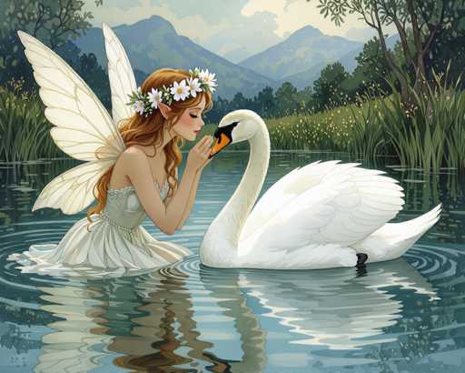 This detailed illustration depicts a serene scene of a fairy and a swan in a tranquil pond. The fairy, with long, wavy red hair adorned with a crown of white flowers, has delicate white wings and pointed ears. She is dressed in a flowing white dress and is kneeling in the water, her hands clasped together in a prayer-like gesture as she gazes lovingly at the swan beside her. The swan, with its white feathers, orange beak, and black eyes, appears to be gently nibbling on one of her hands. The water around them is a clear blue, reflecting the fairy's image. In the background, lush green grasses and trees frame the scene, while majestic mountains rise in the distance under a sky dotted with white clouds. The overall atmosphere is one of peace and harmony, capturing a moment of connection between the fairy and the swan in their natural habitat.