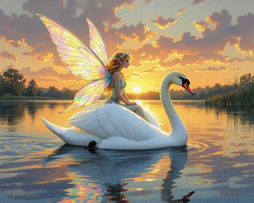 A beautiful digital painting of a fairy riding a swan on a calm lake at sunset. The fairy has delicate, iridescent wings and wears a flowing gown in pastel colors. She is seated gracefully on the swan's back, gazing towards the horizon where the sun is setting. The water reflects the warm colors of the sky and the fairy's wings, creating a magical and serene atmosphere. The background features soft, hazy clouds and distant trees, enhancing the overall peacefulness of the scene.