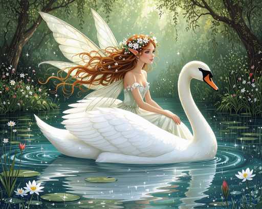 In this enchanting digital artwork, a fairy with long, flowing red hair adorned with white flowers and delicate wings perches gracefully on the back of a large white swan. The fairy, dressed in a light green dress, gazes serenely to the right, her pointed ears adding to her mystical appearance. The swan, with its striking orange beak and black markings around the eyes, glides through a tranquil pond dotted with lily pads and surrounded by vibrant flowers. The scene is set against a backdrop of lush green trees, with sunlight filtering through the foliage, casting a magical glow over the entire setting. The water beneath them shimmers with white sparkles, enhancing the fairy tale atmosphere of this captivating image.
