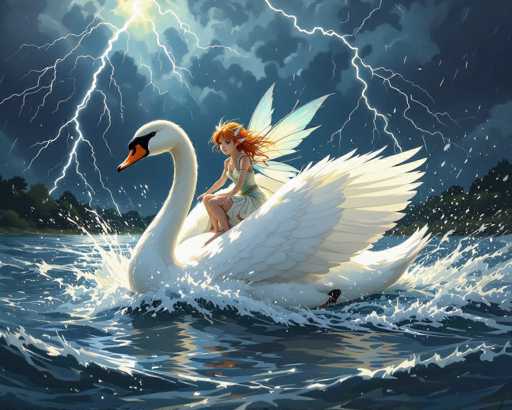 In this captivating image, a young fairy with vibrant red hair and delicate white wings is perched gracefully on the back of a majestic swan. The fairy is dressed in a flowing white gown, adding to her ethereal appearance. The swan, with its pristine white feathers and striking orange beak, is depicted in mid-flight, creating a dynamic scene as it soars over a body of water. The water below is a deep, dark blue, contrasting beautifully with the lighter hues of the swan and fairy. In the background, a dense forest of dark green trees stretches across the horizon, adding depth and a sense of mystery to the scene. The sky above is filled with dark, brooding clouds, from which lightning bolts dramatically streak down, illuminating the fairy and swan with an enchanting glow. The overall composition creates a magical and otherworldly atmosphere, drawing the viewer into this fantastical moment.