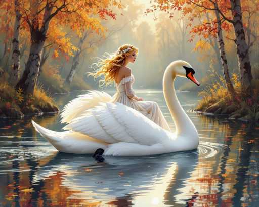 This enchanting painting depicts a serene autumn scene by a tranquil lake, where the trees lining the shore are adorned with vibrant orange leaves. At the center of the composition, a majestic swan glides gracefully across the water, its elegant neck and head turned to the right. Perched atop the swan is a young woman with flowing blonde hair, dressed in a flowing white gown. Her dress features delicate lace sleeves that extend from her shoulders to her wrists, adding an ethereal touch to her attire. The woman gazes thoughtfully to the right, her presence exuding a sense of calm and wonder. The swan's reflection shimmers in the water below, while the surrounding trees cast their own reflections, creating a mesmerizing interplay of light and color. The overall atmosphere of the painting is one of tranquility and natural beauty, capturing a moment of perfect harmony between the swan and its human passenger amidst the autumnal landscape.