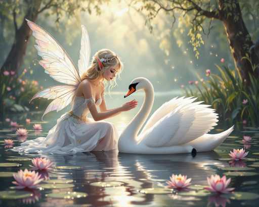 In this enchanting, fantasy-like scene, a fairy with delicate, translucent wings adorned with subtle pink and blue hues is depicted. She has long, flowing blonde hair and pointed ears, characteristic of a classic fairy. The fairy is dressed in a sheer, white gown that complements her ethereal appearance. She is seated gracefully on a lily pad in a serene pond, surrounded by vibrant pink and orange lily flowers. The water around her is dotted with numerous lily pads, creating a picturesque setting. 

Beside the fairy, a majestic swan glides through the water, its pristine white feathers contrasting beautifully with the surrounding flora. The swan's head is turned towards the fairy, as if in a moment of silent communication or admiration. The fairy's hands are extended towards the swan, suggesting a gentle interaction or a spell in progress. 

In the background, lush trees frame the scene, with sunlight filtering through the leaves, casting a warm glow over the entire landscape. The fairy's gown features a distinctive gold band around the waist, adding a touch of elegance to her attire. The overall composition exudes a sense of tranquility and magic, capturing a moment of harmonious connection between the fairy and the natural world around her.