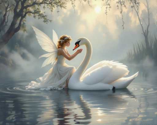 In this enchanting, fantasy-style painting, a young fairy with delicate white wings and flowing blonde hair adorned with a floral crown sits gracefully on a majestic swan. The fairy, dressed in a long, flowing white gown, extends her hands towards the swan, which features a striking black and orange beak and a sleek white body. The swan glides serenely on a tranquil pond, its reflection shimmering in the water below. The scene is set against a misty backdrop of lush trees and tall grasses, with the sun casting a warm glow through the clouds, adding a magical touch to this ethereal moment.