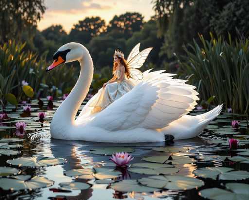In this enchanting, AI-generated image, a large, white swan with an orange beak and black markings around its eyes gracefully glides on a serene pond. The swan's wings are fully extended, and its black feet are visible beneath the water's surface. The pond is adorned with lily pads and delicate pink flowers, adding to the picturesque scene. Surrounding the pond are tall grasses and trees, with a sky painted in hues of yellow and gray, suggesting either dawn or dusk. Seated atop the swan is a fairy-like woman with long, flowing red hair and a silver crown. She wears a strapless, white dress that billows gently in the breeze, and her delicate, translucent wings shimmer with a golden hue. The fairy gazes thoughtfully to the left, adding a touch of whimsy and magic to the tranquil setting.