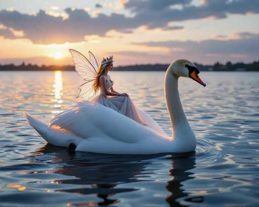 In this enchanting image, a fairy with delicate, transparent wings perches gracefully on the back of a majestic swan. The fairy, adorned in a flowing white dress and a crown, has long blonde hair cascading down her back. The swan, with its elegant white neck and orange beak, glides serenely across a vast body of water. The scene is bathed in the warm, golden hues of the setting sun, which casts a shimmering reflection on the water's surface. The sky is a canvas of soft blue, dotted with fluffy white clouds, adding to the ethereal atmosphere. In the distance, a line of trees frames the horizon, completing this picturesque and magical moment.