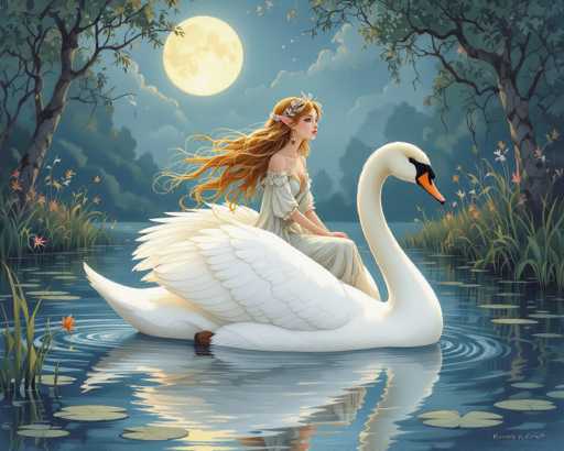 The image is a detailed, computer-generated illustration of a serene nighttime scene featuring a large white swan gracefully floating on a calm pond. The swan, with its orange beak and black markings around the eyes, has its wings folded neatly against its body and its head turned to the right. Seated on the swan's back is a young woman with long, flowing red hair that cascades behind her. She is adorned in a flowing white dress with intricate gold embroidery and wears a delicate crown made of flowers and leaves. Her pointed ears, reminiscent of an elf or fairy, peek out from her hair, and she has long, dangling earrings. The pond is dotted with lily pads and surrounded by tall grasses and vibrant flowers in shades of pink, orange, and white. In the background, a full moon casts a soft glow over the scene, illuminating the silhouettes of trees and distant mountains. The overall atmosphere is one of tranquility and enchantment, capturing a moment of ethereal beauty.