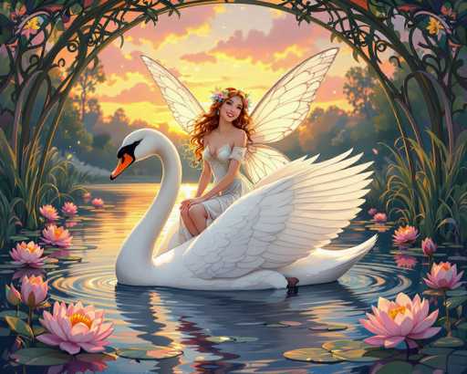 In this enchanting digital artwork, a fairy with long, curly red hair adorned with flowers sits gracefully atop a large white swan. The fairy, dressed in a flowing white gown, has delicate white wings that shimmer in the light. The swan, with its orange beak tipped in black, glides serenely on a pond dotted with pink water lilies and green lily pads. Surrounding the scene is a lush archway of green vines and flowers, framing the idyllic setting. The background reveals a tranquil landscape with trees and a sky painted in hues of yellow and pink, suggesting either a sunrise or sunset. The fairy gazes directly at the viewer with a warm smile, adding a touch of magic to this serene and captivating scene.