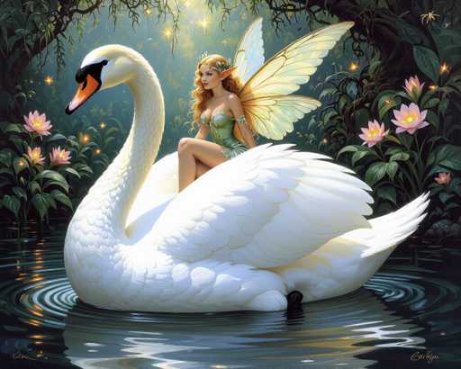 This detailed digital illustration depicts a serene scene of a large white swan gracefully floating on a dark, reflective pond. The swan, with its head turned to the left, has a black face, an orange beak, and a black eye. Seated on the swan's back is a fairy-like woman with long, curly blonde hair adorned with a headband. She has pointed ears, a low-cut green dress, and delicate white wings with yellow accents. The fairy's legs are crossed as she sits on the swan, her gaze directed towards the left. Surrounding the pond are lush green plants and vibrant pink flowers, with tree branches and leaves framing the scene. The background is illuminated by a soft yellow light, adding a magical glow to the tranquil setting.