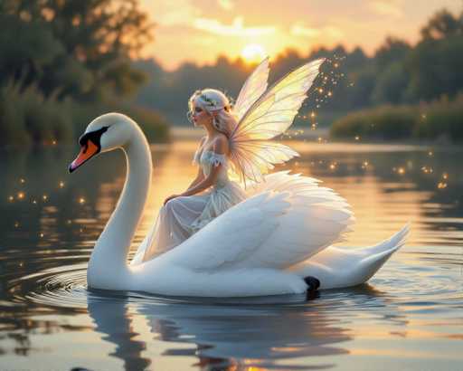 In this enchanting, fantasy-inspired image, a graceful swan glides serenely across a tranquil lake at sunset. The swan, with its pristine white feathers and striking orange beak tipped in black, creates gentle ripples as it moves from right to left. Perched elegantly on the swan's back is a fairy princess, adorned in a flowing white dress that complements the swan's plumage. Her long, flowing blonde hair cascades down her back, and a delicate crown sits atop her head. The fairy princess has two pairs of translucent, white wings that shimmer in the warm, golden light of the setting sun. As she gazes thoughtfully to the left, magical golden dust sparkles around her, adding a touch of whimsy to the scene. The background is softly blurred, featuring a dense forest of trees and bushes that frame the lake, with the sun's rays reflecting beautifully on the water's surface. This captivating image blends elements of nature and fantasy, creating a dreamlike atmosphere that invites viewers into a world of magic and wonder.