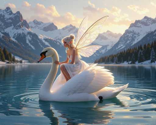 In this captivating fantasy image, a fairy with delicate white wings and pointed ears is perched gracefully on the back of a majestic swan. The fairy, adorned in a flowing white dress, has her long blonde hair styled in a bun and wears a golden crown. She is holding the swan's neck with one hand, guiding the creature as they glide across a serene, blue lake. The swan, with its pristine white feathers, black eyes, and orange beak, creates gentle ripples in the water as it moves towards the left side of the image. The background features a stunning landscape of snow-capped mountains and dense pine forests, with the sun casting a warm, golden glow over the scene. The sky is a light blue, dotted with fluffy white clouds, enhancing the ethereal atmosphere of this enchanting moment.