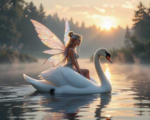 In this enchanting, fantasy-inspired image, a fairy-like woman is depicted riding a majestic swan. The fairy, adorned with delicate wings on her back, has long, flowing hair and pointed ears, giving her an ethereal appearance. She is dressed in a shimmering, light blue outfit that complements the serene atmosphere. The swan, with its pristine white feathers, gracefully glides through the water, creating gentle ripples that reflect the warm hues of the setting sun. The background is a picturesque landscape of towering trees, their silhouettes softly illuminated by the golden light of the sunset. The sky above is a canvas of soft, pastel colors, enhancing the dreamlike quality of the scene. The overall composition exudes a sense of tranquility and wonder, capturing a moment of magical harmony between the fairy and her natural surroundings.