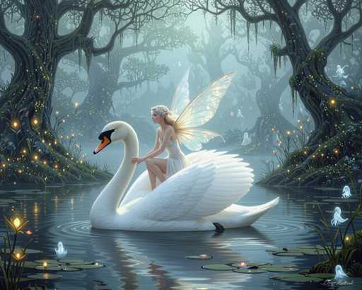 The image depicts a beautiful fairy sitting on the back of a swan in a forest setting. The fairy is wearing a white dress and has wings, giving her an ethereal appearance as she floats above the water. There are several other birds scattered throughout the scene, adding to the magical atmosphere of the painting.