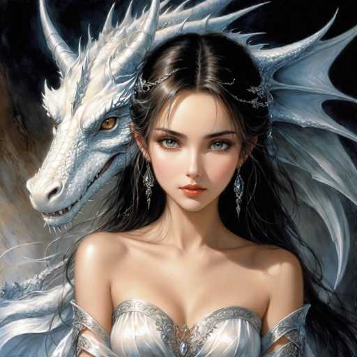 This is a detailed digital illustration of a young woman with long, dark brown hair, styled in a half-up, half-down manner. She has striking blue eyes and is adorned with a silver tiara and dangling earrings. Her attire is a strapless, low-cut silver dress, intricately designed with lace and jewel embellishments. The dress features sheer sleeves that extend to her elbows. Behind her, a majestic white dragon with golden eyes and horns is depicted, its wings spread wide and its head turned to the left. The background is a dark, smoky blend of black and brown, enhancing the ethereal and fantastical atmosphere of the scene.