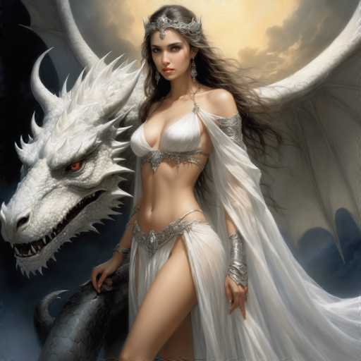 This detailed fantasy illustration features a striking woman with long, flowing brown hair and a regal demeanor. She is adorned in a white, strapless bra that reveals her toned midriff, and a matching white skirt that extends into a flowing cape. Her attire is complemented by silver accessories, including a crown, armbands, and wristbands, enhancing her majestic appearance. She stands confidently, gazing directly at the viewer, with her left hand resting on the neck of a majestic white dragon beside her. The dragon, with its fierce red eyes and open mouth, appears to be her loyal companion. The background is a dramatic blend of dark clouds and a golden sky, adding to the fantastical and epic atmosphere of the scene.