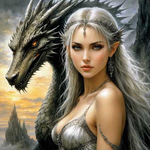 The image depicts a highly detailed, computer-generated fantasy scene featuring a young woman and a dragon. The woman, who appears to be in her 20s, has long, flowing white hair and striking blue eyes. She is adorned with a silver tiara that rests on her forehead, complementing her elegant silver dress. The dress is intricately designed with a single strap over her shoulder and additional straps around her bicep. She also wears silver earrings and a matching silver necklace. Her expression is serious, and she gazes directly at the viewer.

To her left stands a formidable dragon with a long neck and a body covered in gray scales. The dragon's head is turned towards the woman, showcasing its menacing orange eyes and sharp teeth. Its body extends behind her, adding to the dramatic composition of the scene.

In the background, a majestic castle rises from the ground, surrounded by clouds. The sky is a mix of gray and yellow hues, suggesting either dawn or dusk. The entire scene is rendered with a high level of detail, emphasizing the fantastical elements and the interplay between the characters and their surroundings.