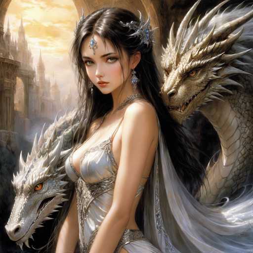 This detailed fantasy illustration features a young woman with long, dark brown hair adorned with a silver and blue jewel at her forehead, and a matching silver and blue earring. She is dressed in a revealing silver gown that highlights her cleavage and has a sheer, flowing cape. The woman stands in a three-quarter pose, gazing directly at the viewer with a serious expression. Flanking her on both sides are two white dragons with orange eyes and open mouths, their scales and horns adding to the fantastical atmosphere. The dragon on her left extends its head over her shoulder, while the one on her right stretches its neck behind her. The background showcases a majestic castle with tall spires and archways, set against a sky painted in hues of yellow and orange, suggesting either dawn or dusk. The entire scene is rendered in a rich, detailed style, emphasizing the intricate details of the characters and their surroundings.