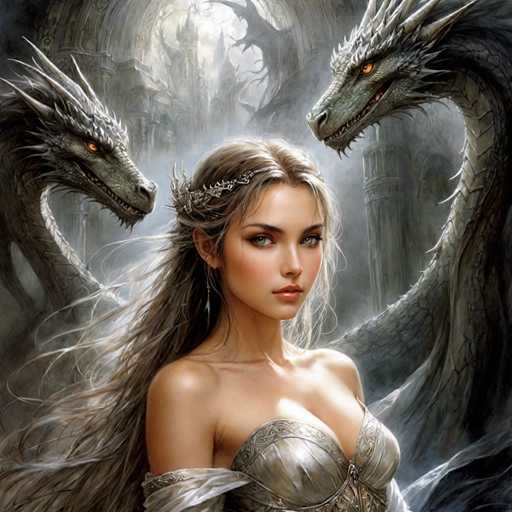 This detailed fantasy illustration features a young woman with long, flowing brown hair adorned with a silver tiara. She has striking blue eyes, pale skin, and is wearing a strapless, metallic silver dress that appears to be made of leather or metal. The dress is intricately designed with a low neckline, and her sleeves are cut off just below the shoulders, revealing her bare arms. The woman is looking directly at the viewer with a serious expression.

Flanking her on both sides are two menacing dragons with gray, scaly skin and piercing orange eyes. The dragon on the left has its mouth slightly open, revealing sharp teeth, while the dragon on the right has its mouth more closed but still shows its formidable teeth. Both dragons have long necks and are positioned as if they are protecting or accompanying the woman.

The background is a dark, gothic fantasy landscape featuring a large, gray stone castle with numerous arches and turrets. The castle is shrouded in mist, adding to the eerie atmosphere. There are also dark, gnarled trees and a sense of foreboding that permeates the entire scene. The overall color palette is dominated by shades of gray, black, and silver, with the woman's blue eyes and the dragons' orange eyes providing vivid contrasts.