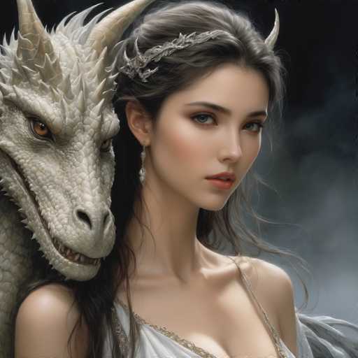 This image depicts a young woman with long, dark brown hair styled in a half-up, half-down fashion. She has a delicate, fair complexion and striking blue eyes. Her lips are painted a soft pink, and she wears a silver headband adorned with horns that match her own. A long, dangling earring can be seen on her right ear. She is dressed in a white gown with thin straps and a gold trim along the neckline, which reveals a hint of cleavage. 

Beside her stands a white dragon with a menacing expression, its mouth slightly open to reveal sharp teeth. The dragon's eyes are a vivid orange, and its head is covered in scales, with horns protruding from its forehead and the back of its neck. The background is a dark, smoky gray, adding to the mystical and ominous atmosphere of the scene.