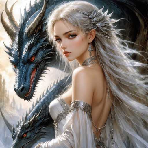 This detailed fantasy illustration features a young woman with long, flowing silver hair adorned with a silver leaf crown. She has striking blue eyes and is dressed in a white, lacy gown with intricate silver embroidery and sheer sleeves that drape elegantly over her shoulders. The gown is low-cut, revealing her bare back. She is accessorized with a silver choker and dangling earrings. The woman stands with her back to the viewer but turns her head to gaze over her shoulder, exuding a sense of mystery and allure.

Behind her, two menacing dragons loom, their bodies partially visible. The larger dragon, with a blue-gray scaly skin, red eyes, and sharp teeth, has its mouth open, revealing a pink tongue. The smaller dragon, positioned in front, also has its mouth open, displaying its teeth. Both dragons have horns and contribute to the fantastical and slightly ominous atmosphere of the scene. The background is a blend of light and dark hues, with a hint of a castle in the distance, enhancing the medieval fantasy setting.