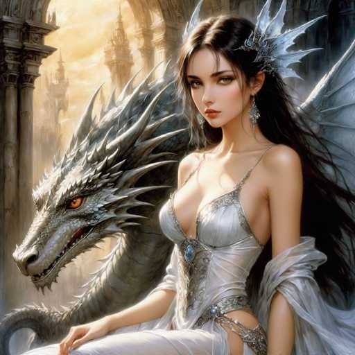 This detailed fantasy illustration depicts a young woman with long, dark brown hair adorned with a silver, wing-like accessory. She is seated gracefully, wearing a revealing silver dress that highlights her cleavage and features a gemstone at the center. The dress has a low-cut neckline and a silver belt with a chain that extends to her hip. Her makeup is subtle, with light pink lipstick and blush on her cheeks, and she wears long, dangling earrings. 

Behind her, a majestic dragon with a gray body and orange eyes stands, its head turned to the left. The dragon's scales are intricately detailed, and its mouth is slightly open, revealing sharp teeth. The background showcases a grand castle with towering spires and columns, all bathed in a warm, yellowish light that suggests a sunset. The entire scene is rendered in a highly detailed, realistic style, capturing the essence of a fantastical world.