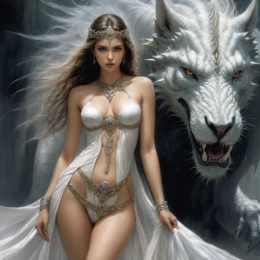 The image depicts a highly detailed, AI-generated fantasy scene featuring a woman and a mythical creature. The woman, who has long, flowing brown hair, is adorned with an ornate silver crown and a matching necklace. She wears a white dress with intricate gold accents, including a gold band around her waist and another around her hips. Her attire also features a white cape-like garment that drapes elegantly around her. She is accessorized with silver bracelets on both wrists and is holding the ends of her dress with her hands. Her expression is serious, and she gazes directly at the viewer.

Behind her stands a majestic white creature, resembling a wolf or dragon, with piercing orange eyes and sharp fangs. The creature's fur is long and flowing, and it has a prominent horn on its forehead. Its mouth is open, revealing its menacing teeth, and its claws are extended as if ready to attack. The background is a dark gray, enhancing the dramatic and intense atmosphere of the scene. The overall composition suggests a blend of beauty and danger, characteristic of fantasy art.
