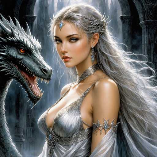 The image is a highly detailed, computer-generated fantasy scene featuring a young woman and a dragon. The woman, who has long, flowing gray hair, is adorned with an ornate silver headpiece that includes a blue jewel on her forehead. She wears a matching silver choker and a dress with thin straps, embellished with intricate silver and blue jewels. Her attire is complemented by a silver armband on her left arm, also adorned with blue jewels. She has striking blue eyes and red lips, and her expression is serious as she gazes directly at the viewer. 

To her left, a menacing dragon with a scaly gray body and red eyes is depicted with its mouth open, revealing sharp teeth and a pink tongue. The dragon's head is turned towards the woman, adding to the dramatic tension of the scene. 

The background is a dark, smoky gray, featuring a grand, gothic-style castle with tall, arched windows and columns, enhancing the fantasy atmosphere. The overall composition is rich in detail, with a color palette dominated by shades of gray, blue, and silver, creating a cohesive and immersive fantasy world.