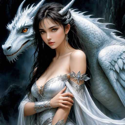 The image depicts a highly detailed, computer-generated fantasy scene featuring a young woman and a majestic white dragon. The woman, who appears to be in her late teens or early twenties, has long, dark brown hair and striking brown eyes. She is adorned with silver earrings and a silver headpiece that resembles horns or wings, complementing her ethereal appearance. Her attire is a form-fitting, silver dress with intricate designs, including a low-cut neckline and a sheer, flowing cape that drapes elegantly around her. The dress is accentuated with silver spikes on the shoulders and a silver bracelet on her right wrist.

Behind her stands a large, white dragon with a fierce yet majestic presence. The dragon's scales shimmer in the light, and its wings are folded close to its body. It has piercing orange eyes and a slightly open mouth, revealing a hint of its teeth. The dragon's head is positioned to the left of the woman, gazing off into the distance, adding to the mystical atmosphere of the scene.

The background is a dark, smoky blend of black and gray, with hints of rocky terrain, enhancing the overall fantasy ambiance. The woman's pose is both graceful and powerful, with her left hand resting on her right arm, exuding an aura of confidence and strength. The entire composition, from the intricate details of the woman's attire to the lifelike rendering of the dragon, suggests a high level of digital artistry, possibly created using AI techniques.
