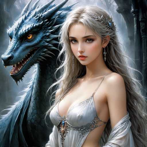 This detailed fantasy illustration features a young woman with long, wavy blonde hair, adorned with a silver crown and dangling earrings. She wears a revealing silver dress with thin straps and a jewel-encrusted bodice, complemented by a sheer shawl draped over her arms. Her striking blue eyes and red lips add to her ethereal appearance. Beside her stands a menacing blue dragon with yellow eyes, sharp teeth, and scales that shimmer in the light. The dragon's head is turned to the left, its mouth open as if roaring. The background is a misty forest with stone archways, enhancing the mystical and enchanting atmosphere of the scene.