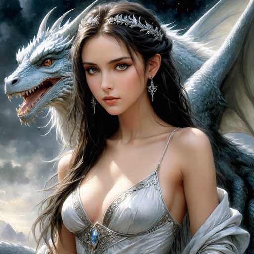 The image depicts a highly detailed, computer-generated fantasy scene featuring a young woman and a dragon. The woman, who appears to be in her late teens or early twenties, has long, dark brown hair cascading down her shoulders. She is adorned with a silver leaf crown and matching silver earrings, and she wears a low-cut silver dress with thin straps, revealing a significant amount of cleavage. A blue jewel embellishes the center of her dress. Her expression is serious, and she gazes directly at the viewer.

Behind her, a majestic white dragon with orange eyes and a slightly open mouth revealing sharp teeth stands prominently. The dragon's wings are spread wide, and its body is covered in scales, adding to its imposing presence. The background features a dark, cloudy sky with hints of stars, suggesting a nighttime setting. The overall composition of the image is square, with the woman and dragon occupying the central focus, creating a captivating and mystical atmosphere.