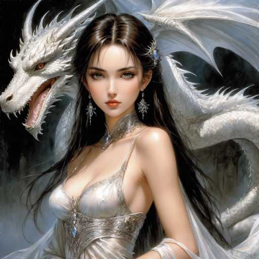 This image is a detailed, computer-generated illustration of a young woman with long, dark brown hair, styled in a sleek ponytail. She has striking blue eyes, red lips, and is adorned with silver jewelry, including a necklace, earrings, and a hair clip. The woman is dressed in a revealing, silver gown that accentuates her cleavage and features a low-cut neckline. She stands with her body angled to the left, yet her face is turned towards the viewer, exuding a sense of confidence and allure.

Behind her, a majestic white dragon with red eyes and an open mouth looms, its wings spread wide and scales intricately detailed. The dragon's presence adds a fantastical and dramatic element to the scene, creating a captivating contrast with the woman's elegant attire. The background is a dark, smoky gray, enhancing the overall mysterious and enchanting atmosphere of the image.