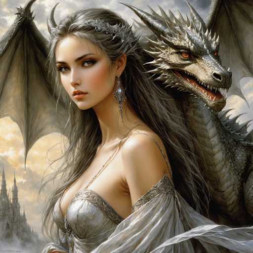 This digital artwork depicts a striking fantasy scene featuring a woman and a dragon. The woman, with long, flowing gray hair adorned with a silver tiara, has a pale complexion and wears a revealing silver dress with intricate designs. Her dress is low-cut, showcasing her cleavage, and she accessorizes with long, dangling earrings. She gazes directly at the viewer with a serious expression. 

Behind her, a menacing gray dragon with red eyes and sharp teeth looms, its wings spread wide and ready to take flight. The dragon's presence adds a sense of danger and mystique to the scene. 

In the background, a grand castle with multiple spires rises from a misty landscape, surrounded by dark, ominous clouds. The entire image is rendered in a detailed, realistic style, emphasizing the fantastical elements and creating a captivating, otherworldly atmosphere.